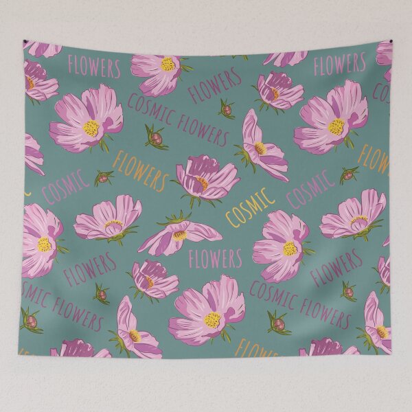 Item preview, Pink cosmic flowers blooming on a blue background. Pattern designed and sold by Deepness2023.