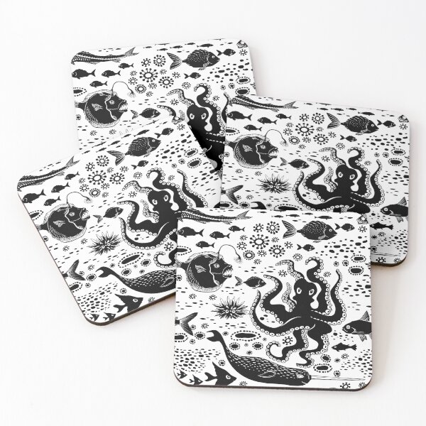 Item preview, Black and White Sea Beasties Narwhal, Octopus, Fish designed and sold by Pink Pineapple Works.