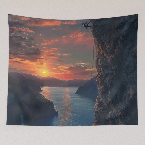 Item preview, Climber ascending rocky cliff dramatic sunset Active Outdoors Inspired Art designed and sold by CDC40.