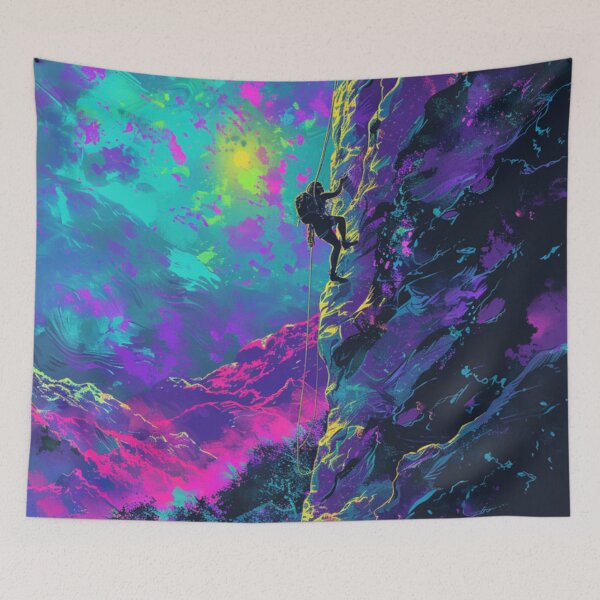 Item preview, Climber scaling ascending rocky cliff neon colour palette Active Outdoors Inspired Art designed and sold by CDC40.