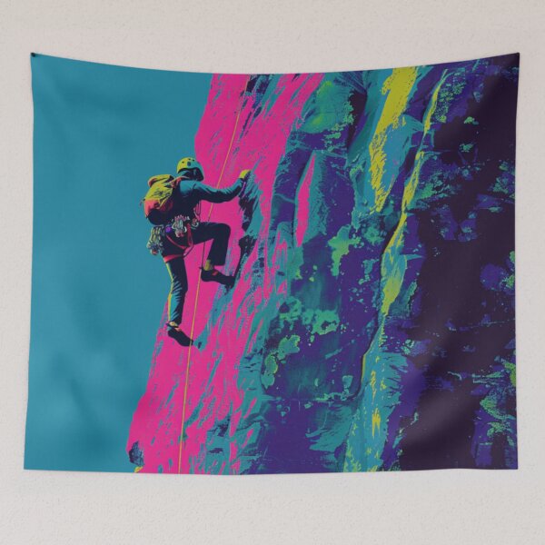 Item preview, Climber scaling ascending rocky cliff neon colour palette Active Outdoors Inspired Art designed and sold by CDC40.