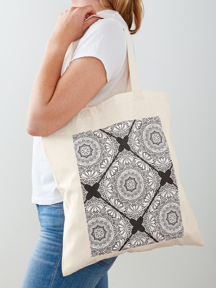 Tote Bag, Monochrome Mandala Diamond Tile designed and sold by Triplicate Limited