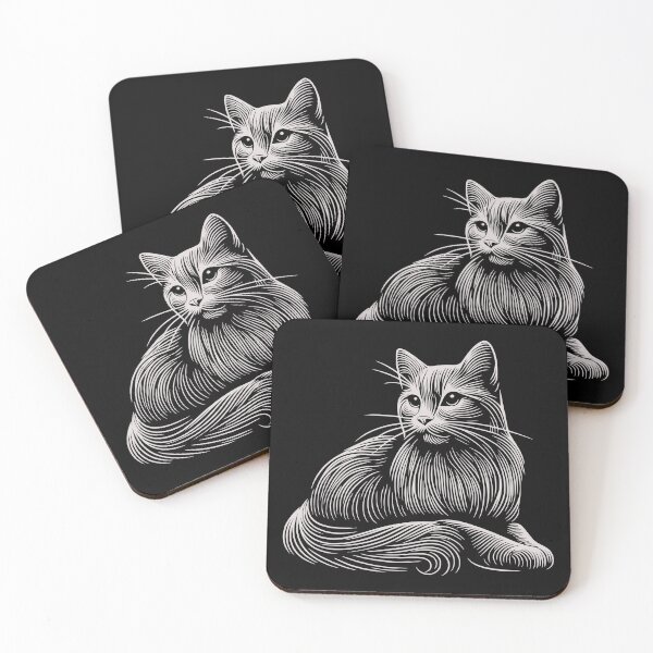 Item preview, white cat on black background, minimalist graphic art illustration white lines designed and sold by CutOriginalArt.