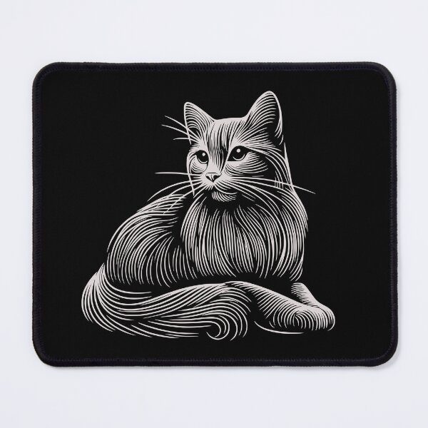 Item preview, white cat on black background, minimalist graphic art illustration white lines designed and sold by CutOriginalArt.
