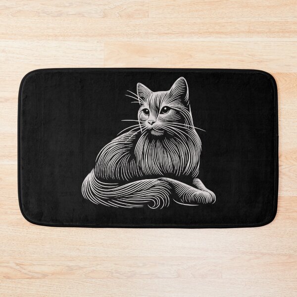 Item preview, white cat on black background, minimalist graphic art illustration white lines designed and sold by CutOriginalArt.