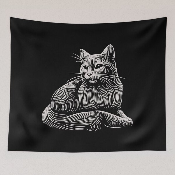 Item preview, white cat on black background, minimalist graphic art illustration white lines designed and sold by CutOriginalArt.