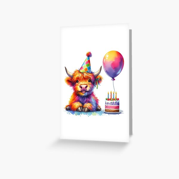 Vista previa del artículo con la obra «Ternero de vaca de las Highlands escocesas celebrando un feliz cumpleaños Colorida acuarela», diseñado y vendido por MaedK.