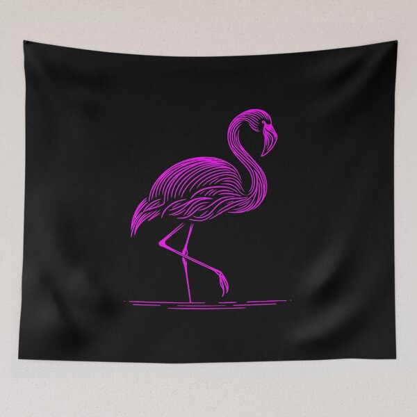 Item preview, Pink flamingo on black background, minimalist graphic art illustration with pink lines designed and sold by CutOriginalArt.