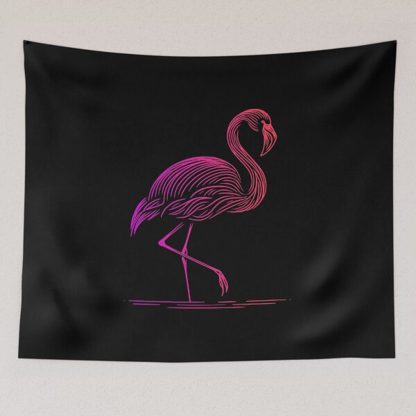 Item preview, Pink flamingo on black background, minimalist graphic art illustration with pink lines designed and sold by CutOriginalArt.