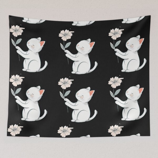 Item preview,  white cute cat holding pink flower designed and sold by mando24895.