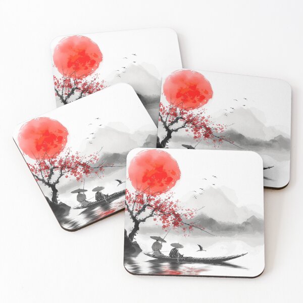 Item preview, Water colour painting of Japanese fishing boat with cherry blossom tree designed and sold by molly-josh-art.