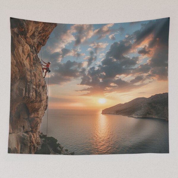 Item preview, Climber ascending rocky cliff dramatic sunset Active Outdoors Inspired Art designed and sold by CDC40.