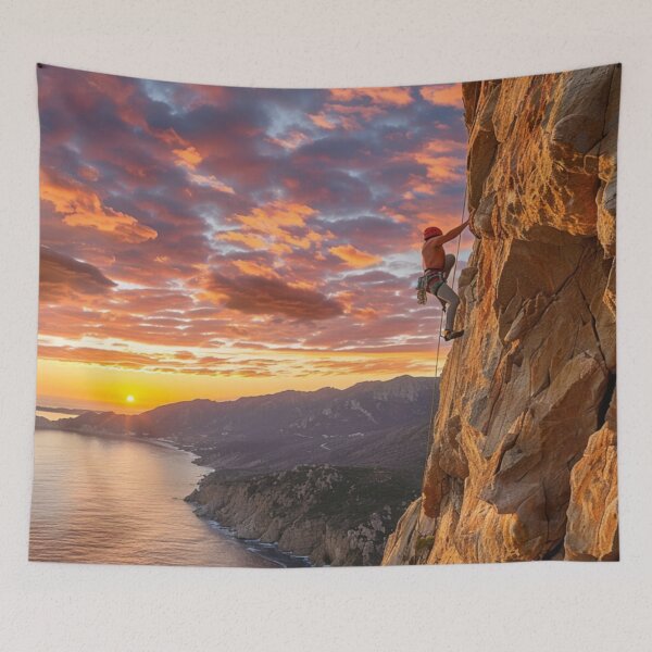 Item preview, Climber ascending rocky cliff dramatic sunset Active Outdoors Inspired Art designed and sold by CDC40.