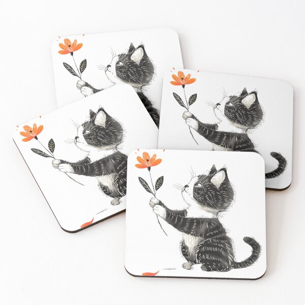 Item preview, Curious kitten looking at orange flower black and white  designed and sold by mando24895.