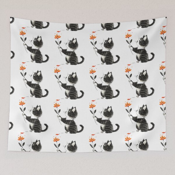 Item preview, Curious kitten looking at orange flower black and white  designed and sold by mando24895.