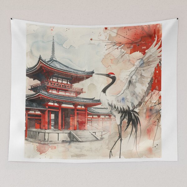 Item preview, Japanese temple and crane water colour designed and sold by molly-josh-art.