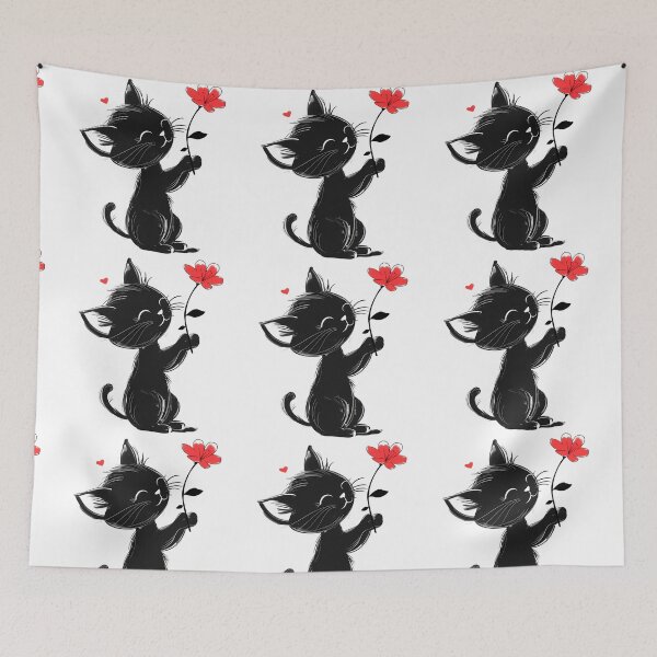Item preview, Black cat holding red flower looking up designed and sold by mando24895.