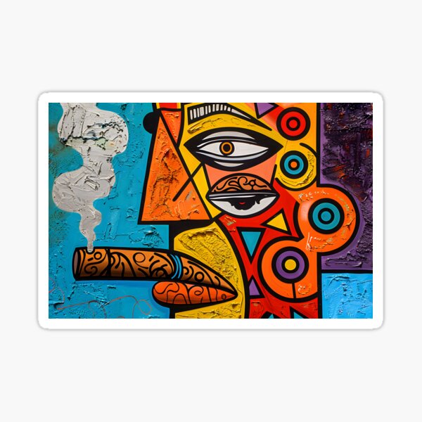 Item preview, Cubist Reverie- Dynamic Portrait of Man with Large Cigar in Vibrant Geometric Symphonies designed and sold by OlfactoART Studio.