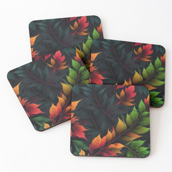 Item preview, colourful leaf pattern in black background designed and sold by optimusprime39.