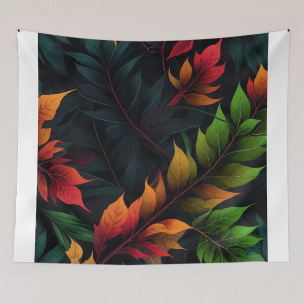 Item preview, colourful leaf pattern in black background designed and sold by optimusprime39.
