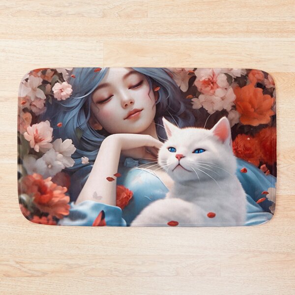 Item preview, Serene Floral Dreamscape - Girl and White Cat designed and sold by Dreamsinpastel.