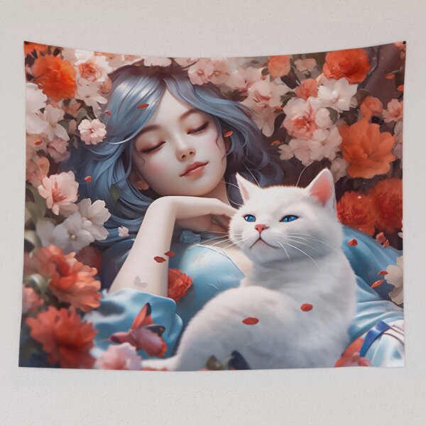 Item preview, Serene Floral Dreamscape - Girl and White Cat designed and sold by Dreamsinpastel.