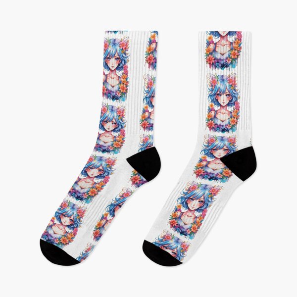 Item preview, blue cute kawaii japan girl character in colorful flower beautiful cartoon designed and sold by Bspaces.