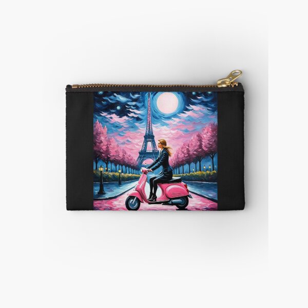 Item preview, Paris girl riding a pink scooter in the moonlight designed and sold by JackFreestone.