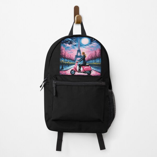 Item preview, Paris girl riding a pink scooter in the moonlight designed and sold by JackFreestone.