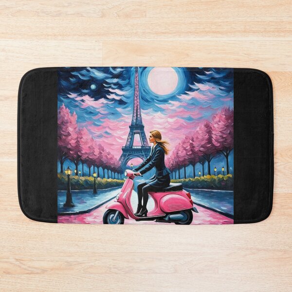 Item preview, Paris girl riding a pink scooter in the moonlight designed and sold by JackFreestone.