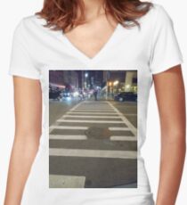 Building, Skyscraper, New York, Manhattan, Street, Pedestrians, Cars, Towers Women's Fitted V-Neck T-Shirt