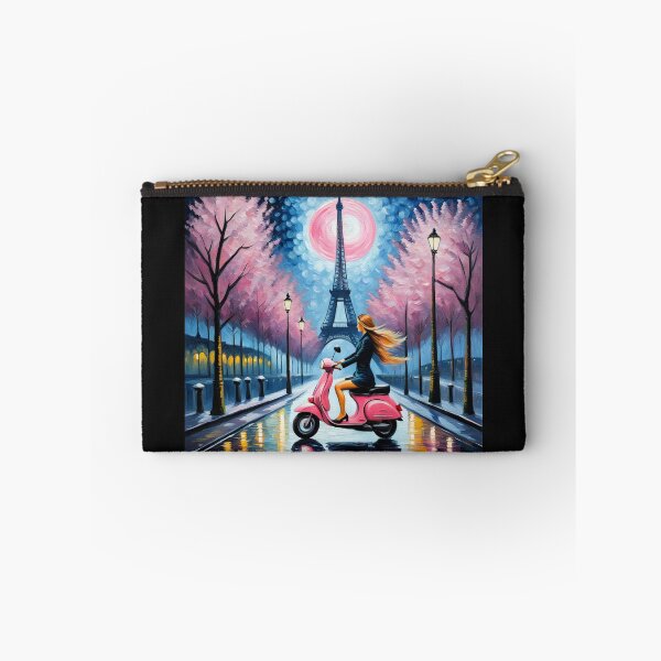 Item preview, Paris girl riding pink scooter in the moonlight designed and sold by JackFreestone.