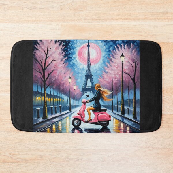 Item preview, Paris girl riding pink scooter in the moonlight designed and sold by JackFreestone.