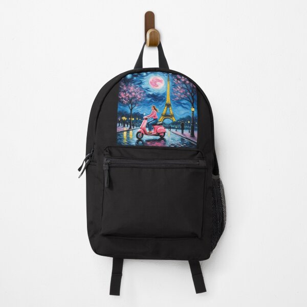 Item preview, Paris girl riding pink scooter in the moonlight designed and sold by JackFreestone.