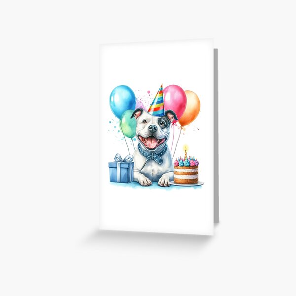 Item preview, Black and White Staffy Puppy Celebrating a Happy Birthday Colorful Watercolor designed and sold by MaedK.