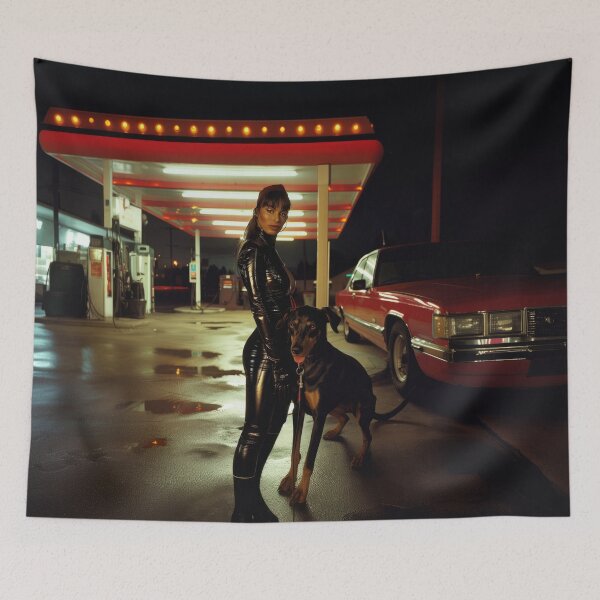 Item preview, Nocturnal Elegance: Woman with Doberman at Neon-Lit Station designed and sold by Retrocranio.