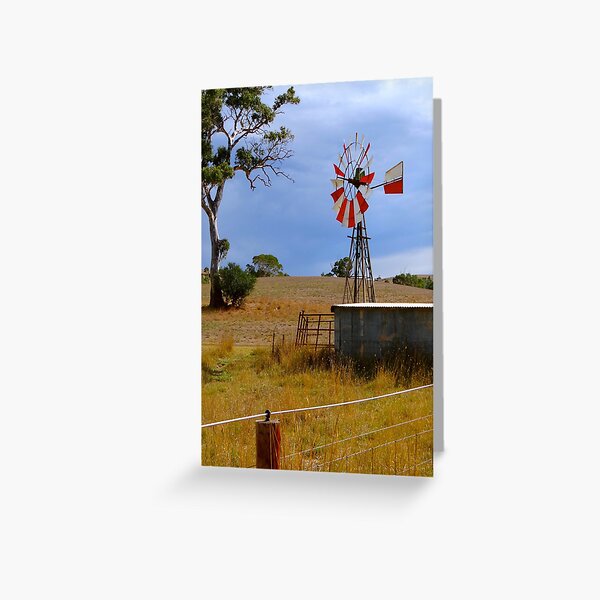 Red and White Windmill in Australian Countryside Greeting Card