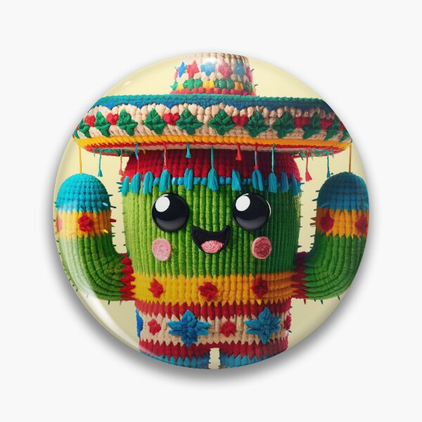 Item preview, Adorable Amigurumi Cactus Charro Piñata with Sombrero, Vibrant Green, Blue, Yellow and Red Stripes, Cute Smiling Face, Fluffy Yarn, Festive Mexican designed and sold by SeGoArtDesign.