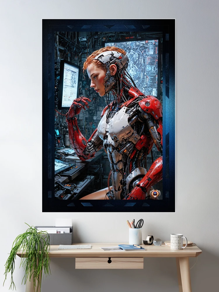 She Is Working On Her Final Upgrade AI Concept Art by Xzendor7 - An Age Of Astonishment 2 She's Working On Her Final Upgrade Mesmerizing AI Concept Art Portrait by Xzendor7 Room Decor Sci-Fi Poster Art Print