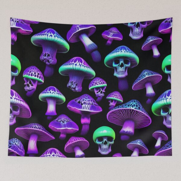 Item preview, Trippy Blacklight Skull Mushroom Bioluminescent Pattern designed and sold by DreamCraze.