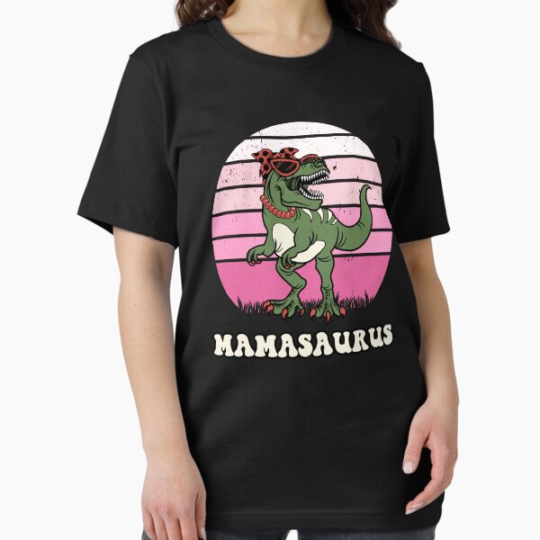 Vista previa del artículo con la obra «Mamasaurus dinosaurio divertido en colores rosados atardecer retro», diseñado y vendido por Savchuk-Vova.