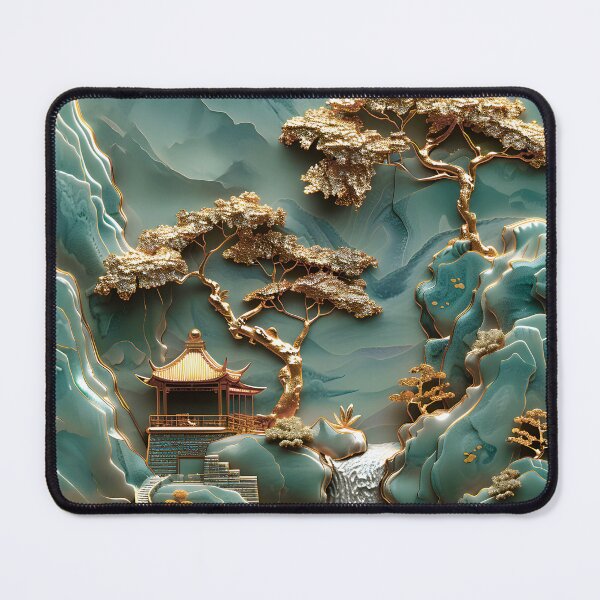 Item preview, Golden Tree in Jade Green: Asian Art Inspired Mountains Landscape designed and sold by URBANBADA.