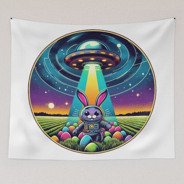 Item preview, flying saucer with ufo rabbit and colorful easter eggs  Easter Funny animals designed and sold by Expressions-Sel.