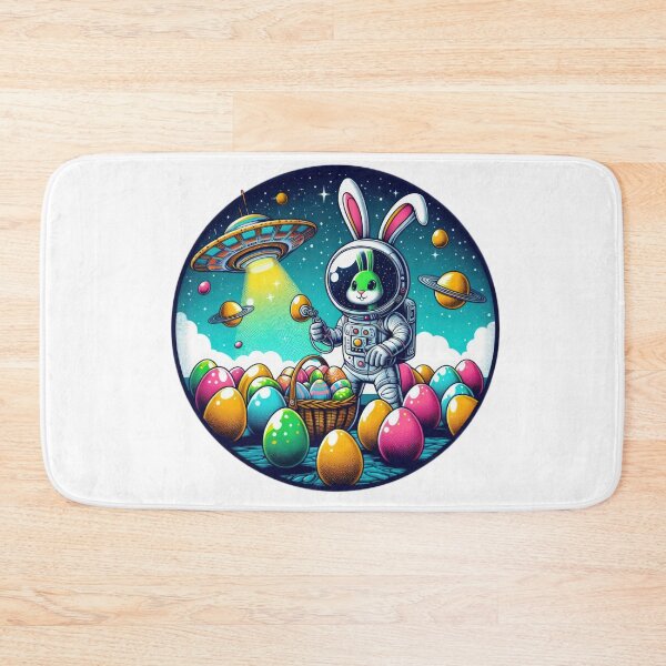 Item preview, flying saucer with ufo rabbit and colorful easter basket eggs  Easter Funny animals designed and sold by Expressions-Sel.