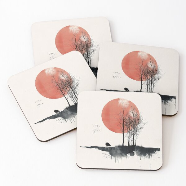 Item preview, Stark Silhouette of Trees Against a Vivid Red Moon with Birds in Flight designed and sold by Retrocranio.