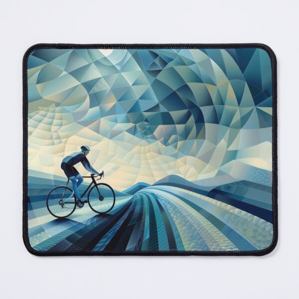Item preview, Cyclist pedalling through a geometrically patterned landscape Active Outdoors Inspired Art designed and sold by CDC40.