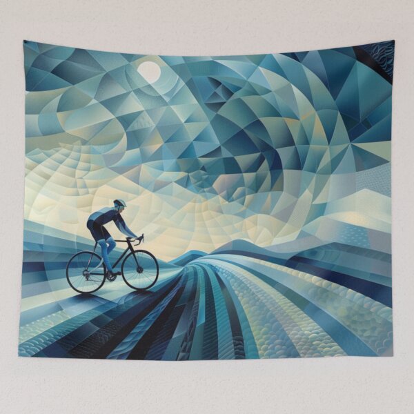 Item preview, Cyclist pedalling through a geometrically patterned landscape Active Outdoors Inspired Art designed and sold by CDC40.