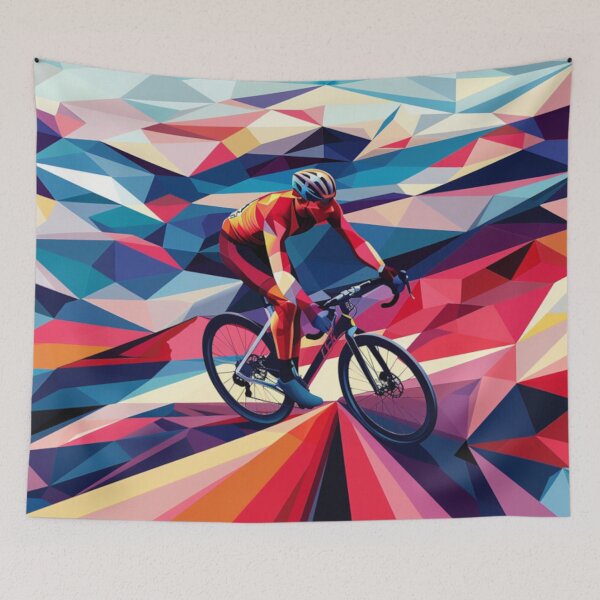 Item preview, Cyclist pedalling through a geometrically patterned landscape Active Outdoors Inspired Art designed and sold by CDC40.
