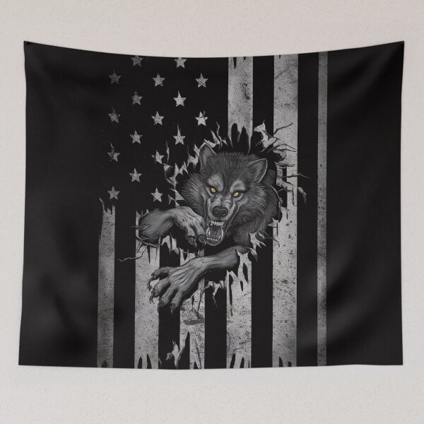 Item preview, Werewolf Ripping Shirt - Unique Graphic Tee with American Flag Background designed and sold by HOMEDESIGNPRINT.