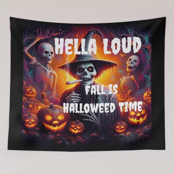 Item preview, Hell A Loud Fall is Halloweed Time- Halloween Fine Pop Art Smoking Skeleton Whimical designed and sold by Wolvescreate.